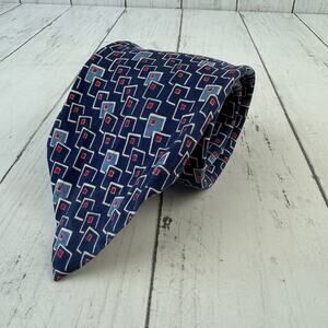 VTG Polo Ralph Lauren Blue/White Silk Handmade Geometric Neck Tie USA